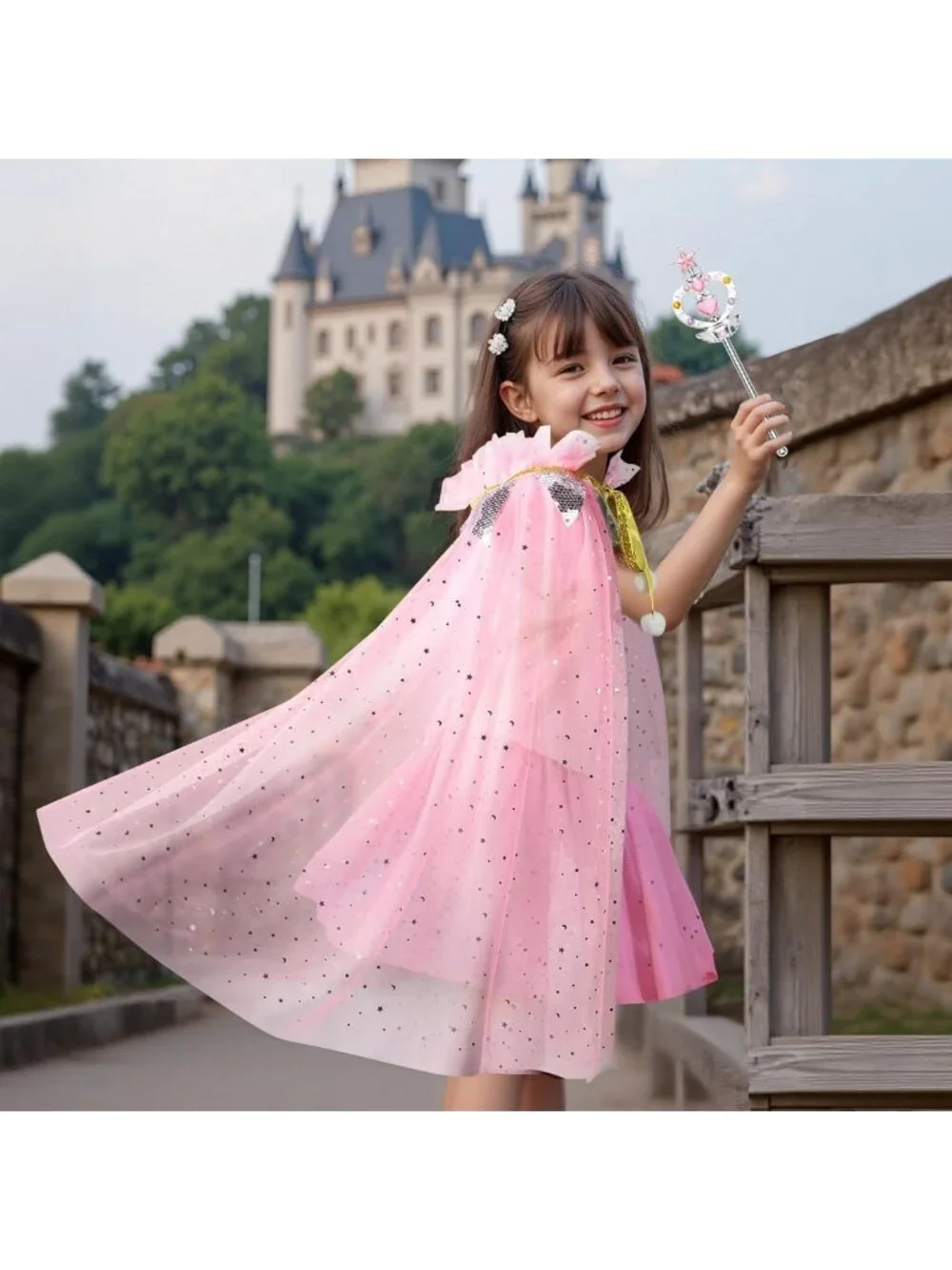 Princess Dress Up Cape with Crown & Tutu Costume Set for Girls Ages 3-8-Pink